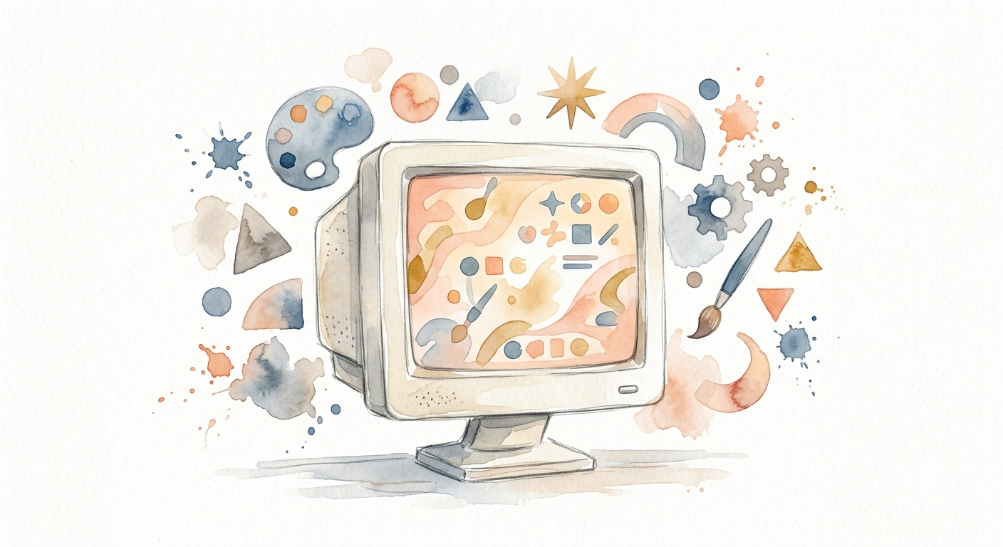 Retro-Computer mit bunten geometrischen Icons als Symbol für KI-Tools