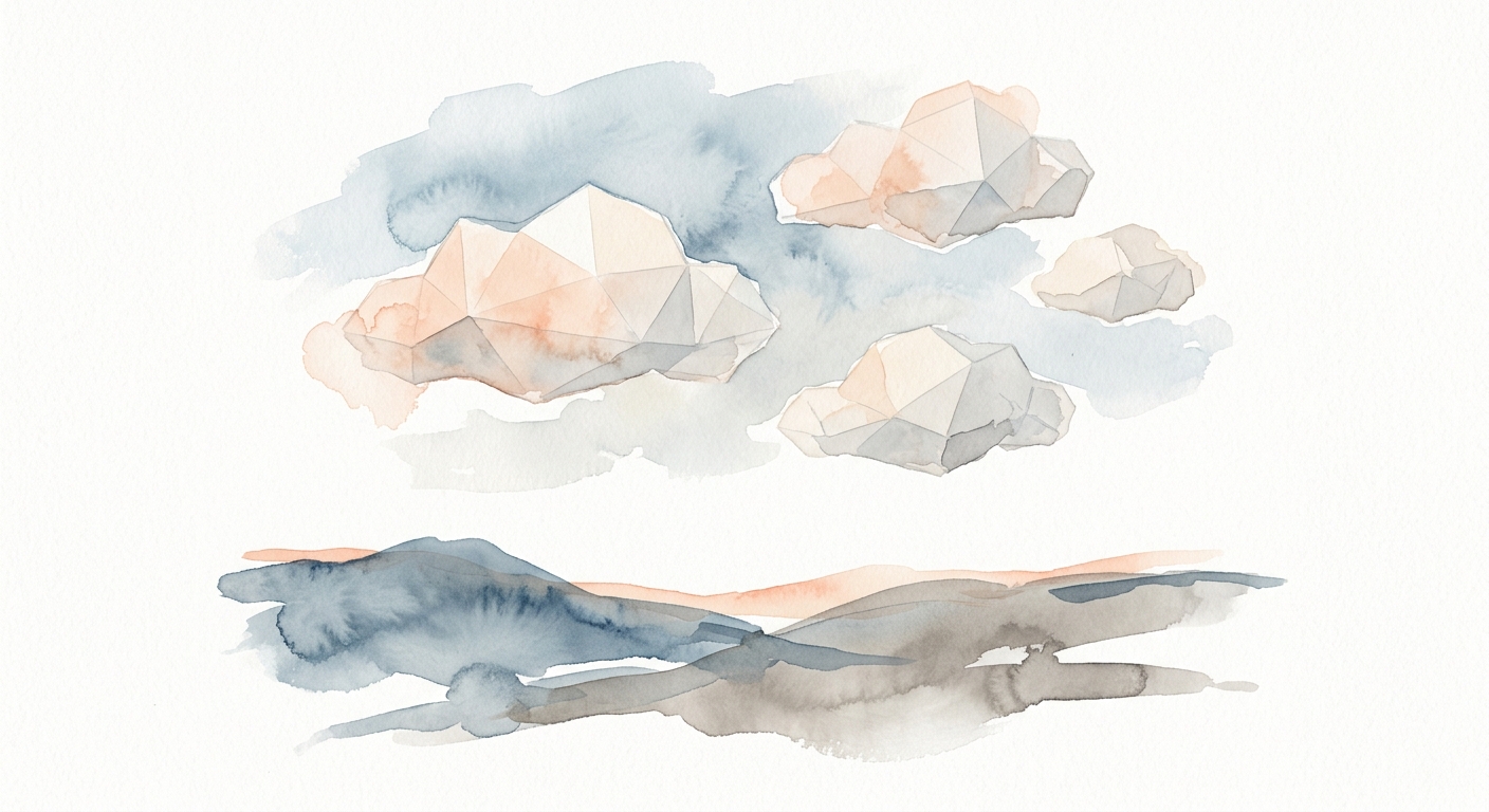 Schwebende Polygon-Wolken über einer minimalistischen Landschaft