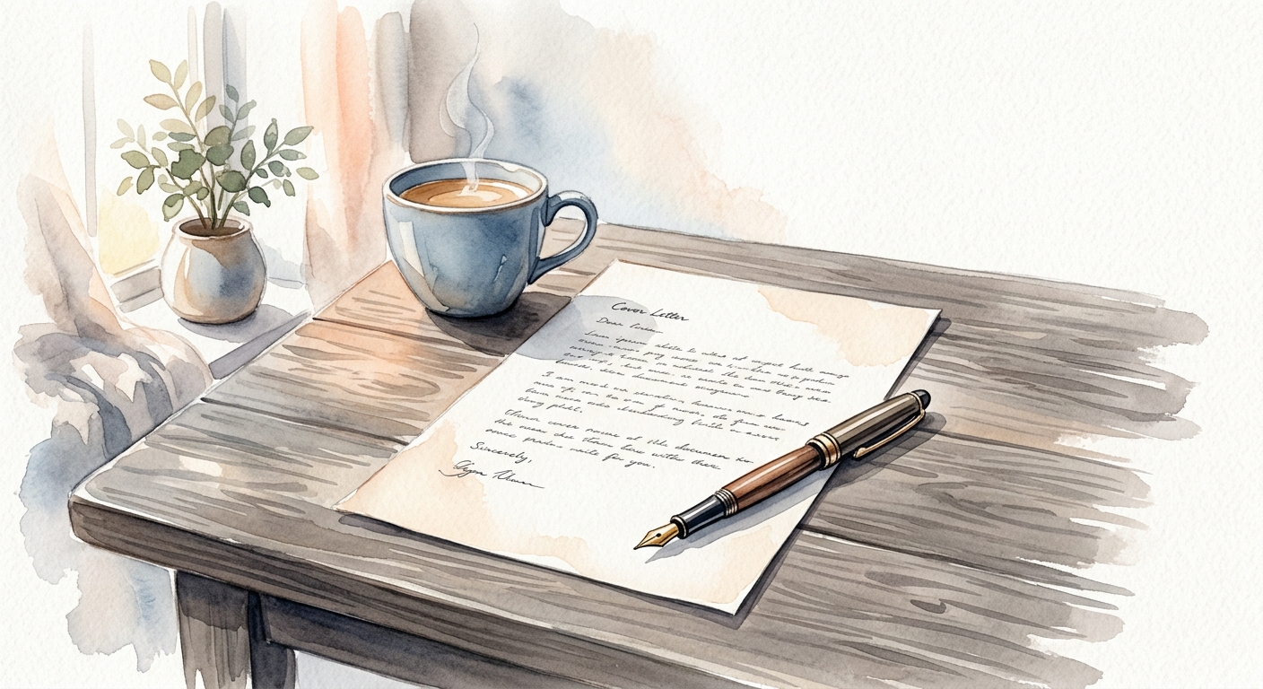 Schreibtisch mit ordentlich vorbereitetem Anschreiben, Füller und Kaffeetasse im Morgenlicht