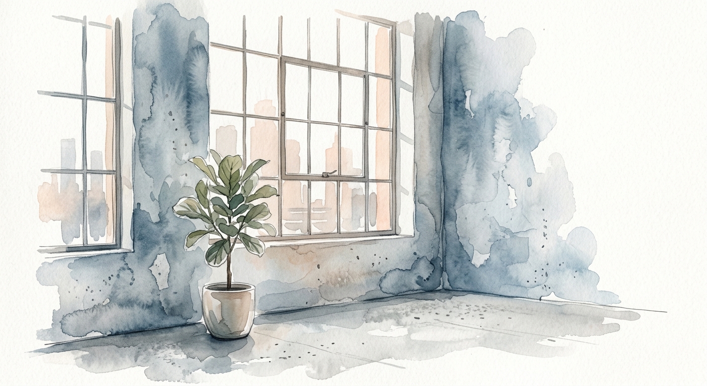 Minimalistisches Architekturstudio mit Industriefenstern und Betonwänden