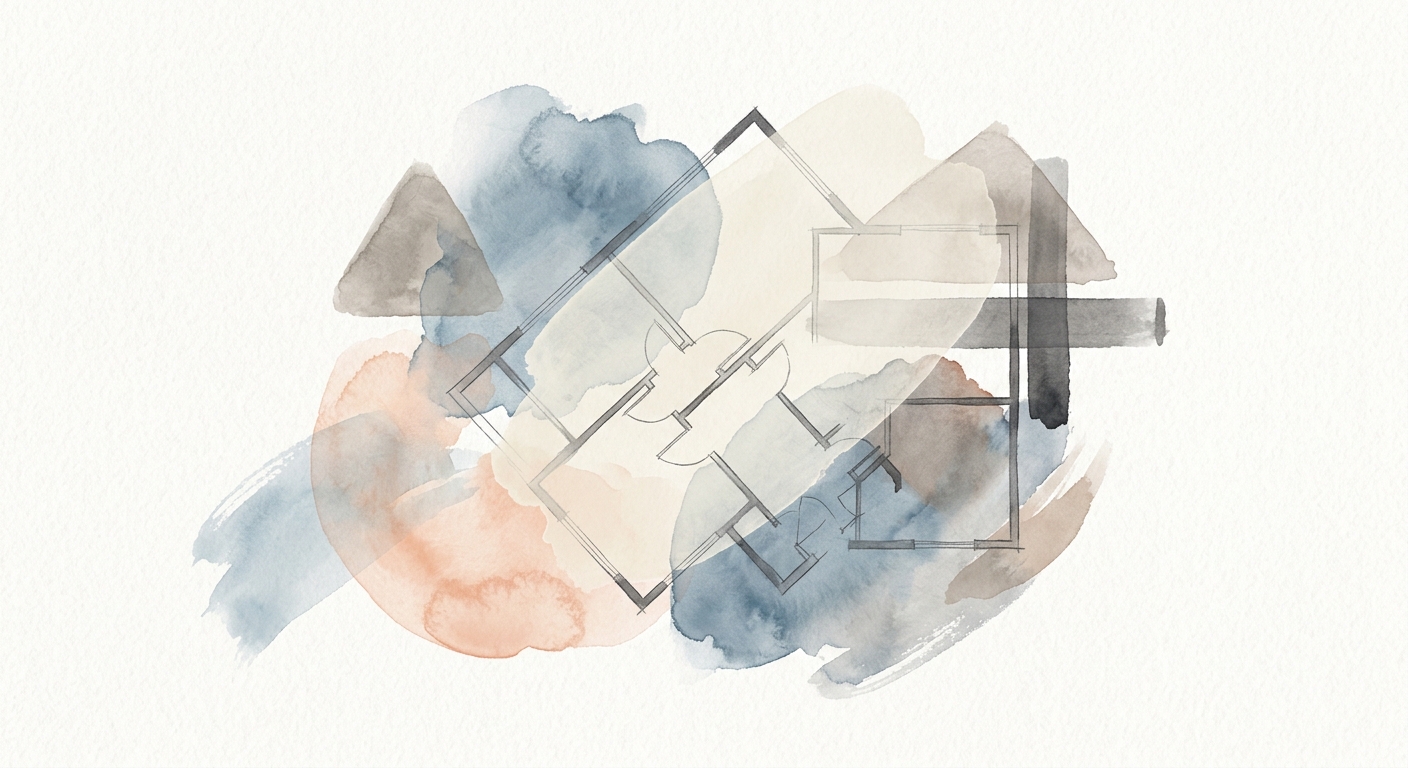 Übereinander liegende Grundrisse und geometrische Formen in Creme und Anthrazit