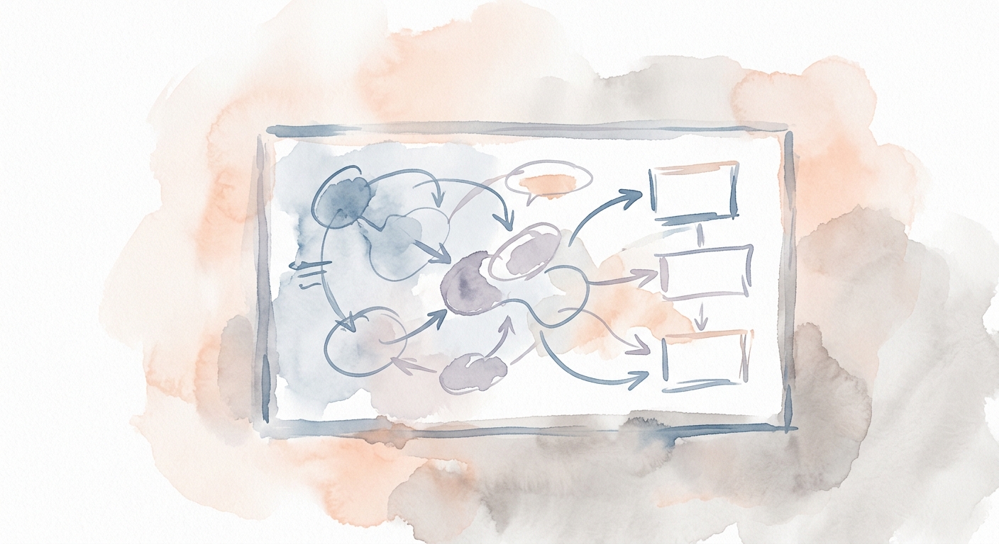 Whiteboard mit abstrakten Diagrammen und Pfeilen