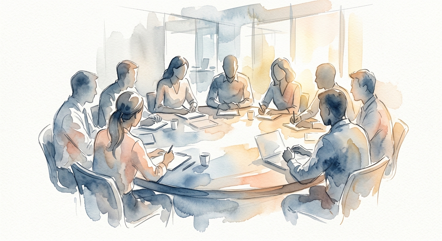 Runder Konferenztisch mit abstrakten Silhouetten, weiches Licht