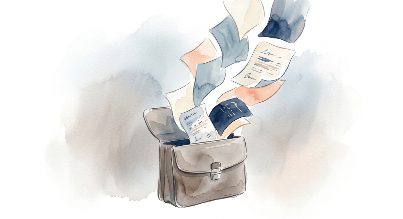 Aktenkoffer mit herausschwebenden abstrakten Dokumenten