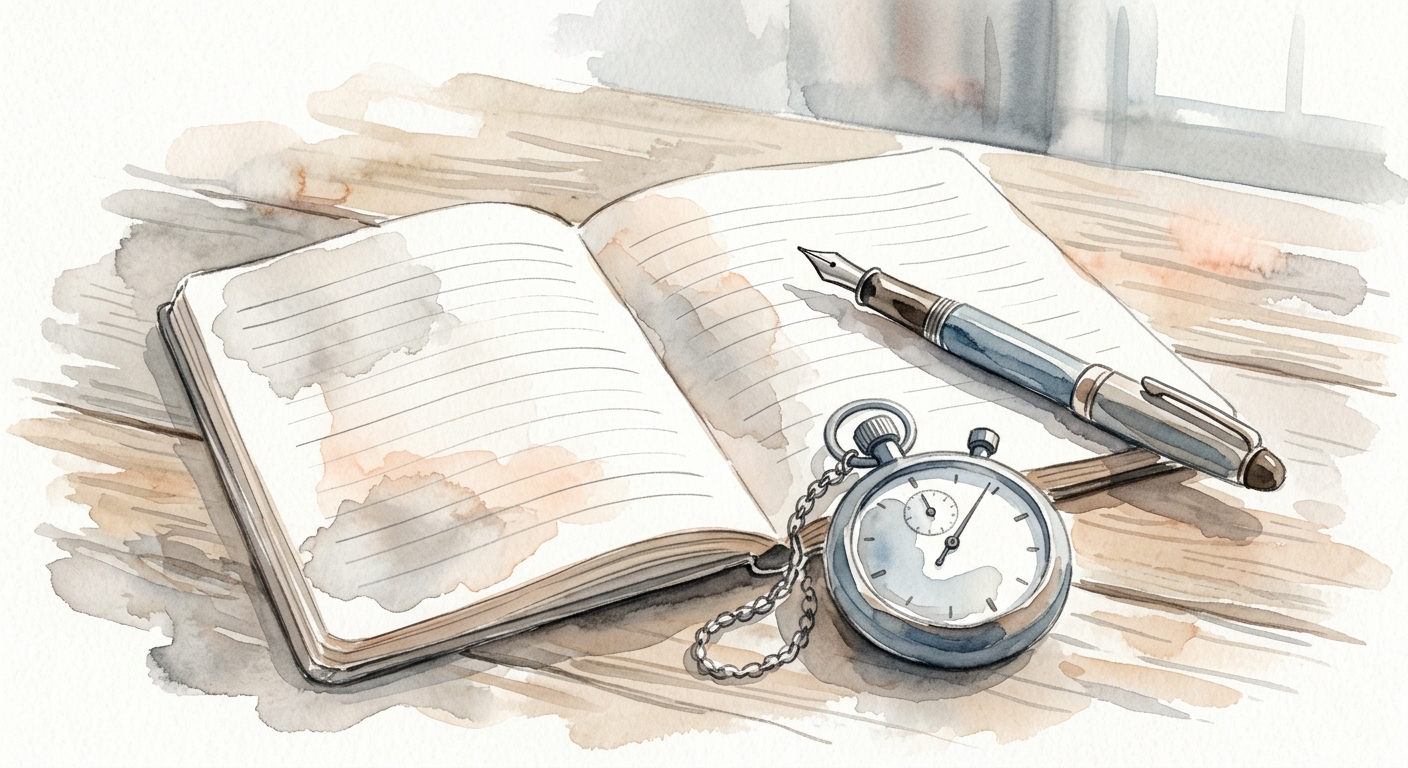 Stoppuhr, Notizbuch und Stift auf einem Meetingtisch