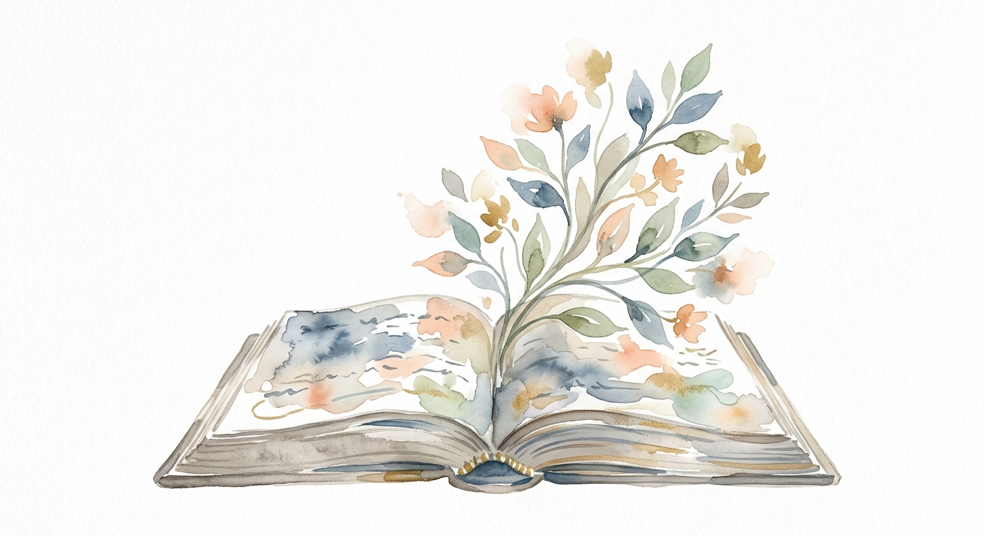 Aquarell einer blühenden Pflanze, die aus einem alten Buch wächst