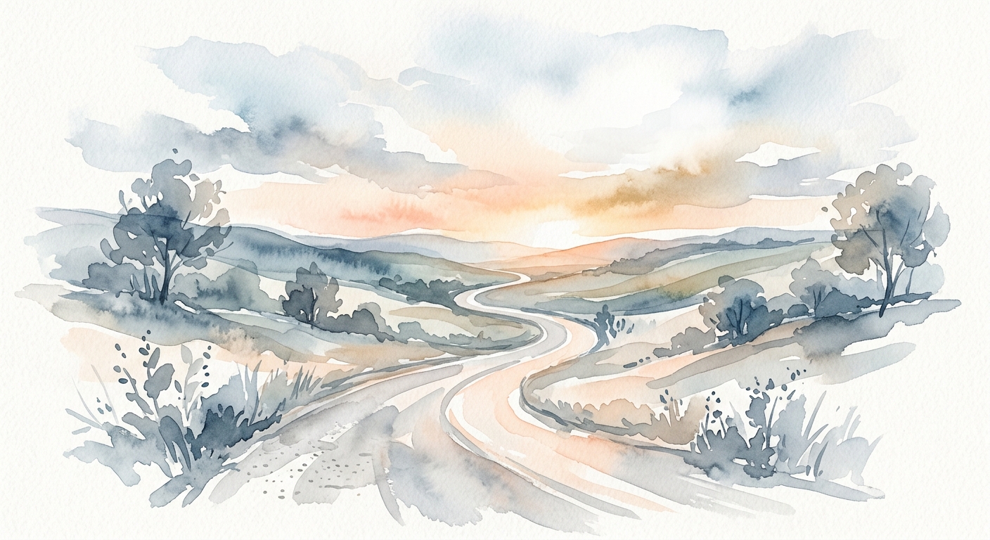 Aquarell-Skizze eines Sonnenaufgangs über einer gewundenen Straße