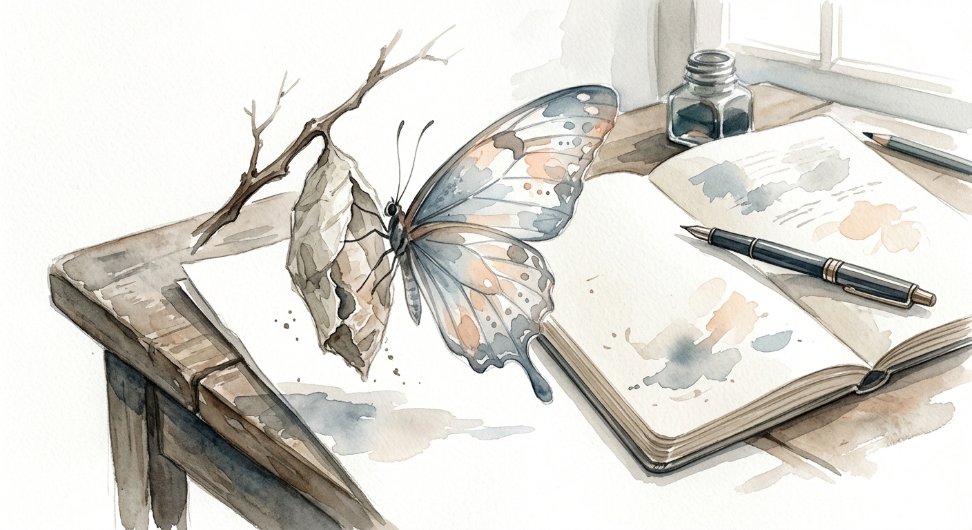 Aquarell eines Schmetterlings, der auf einem Schreibtisch aus einem Kokon schlüpft