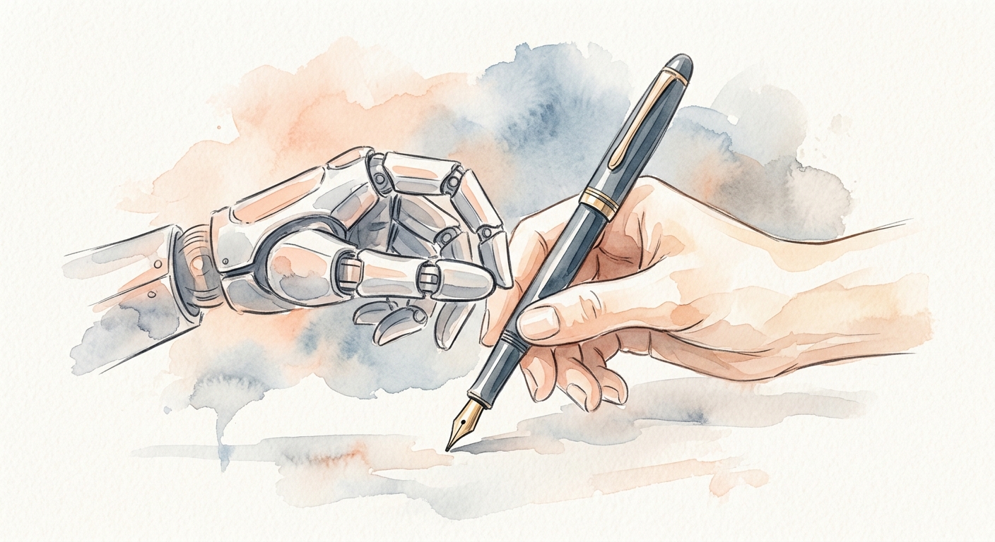 Eine Roboterhand und eine menschliche Hand halten gemeinsam einen Füllfederhalter