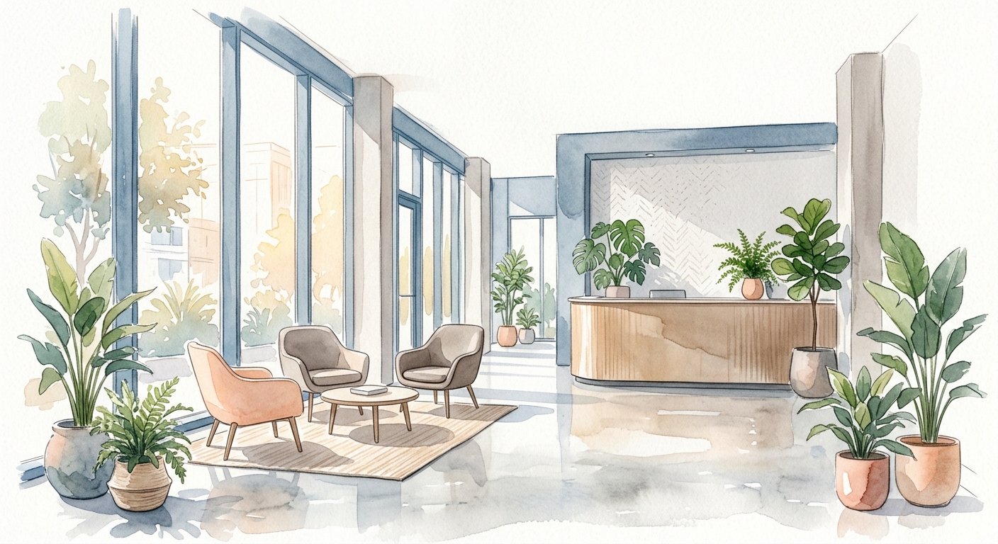 Helle, luftige Büro-Lobby mit Pflanzen und natürlichem Licht als Ziel des Wiedereinstiegs