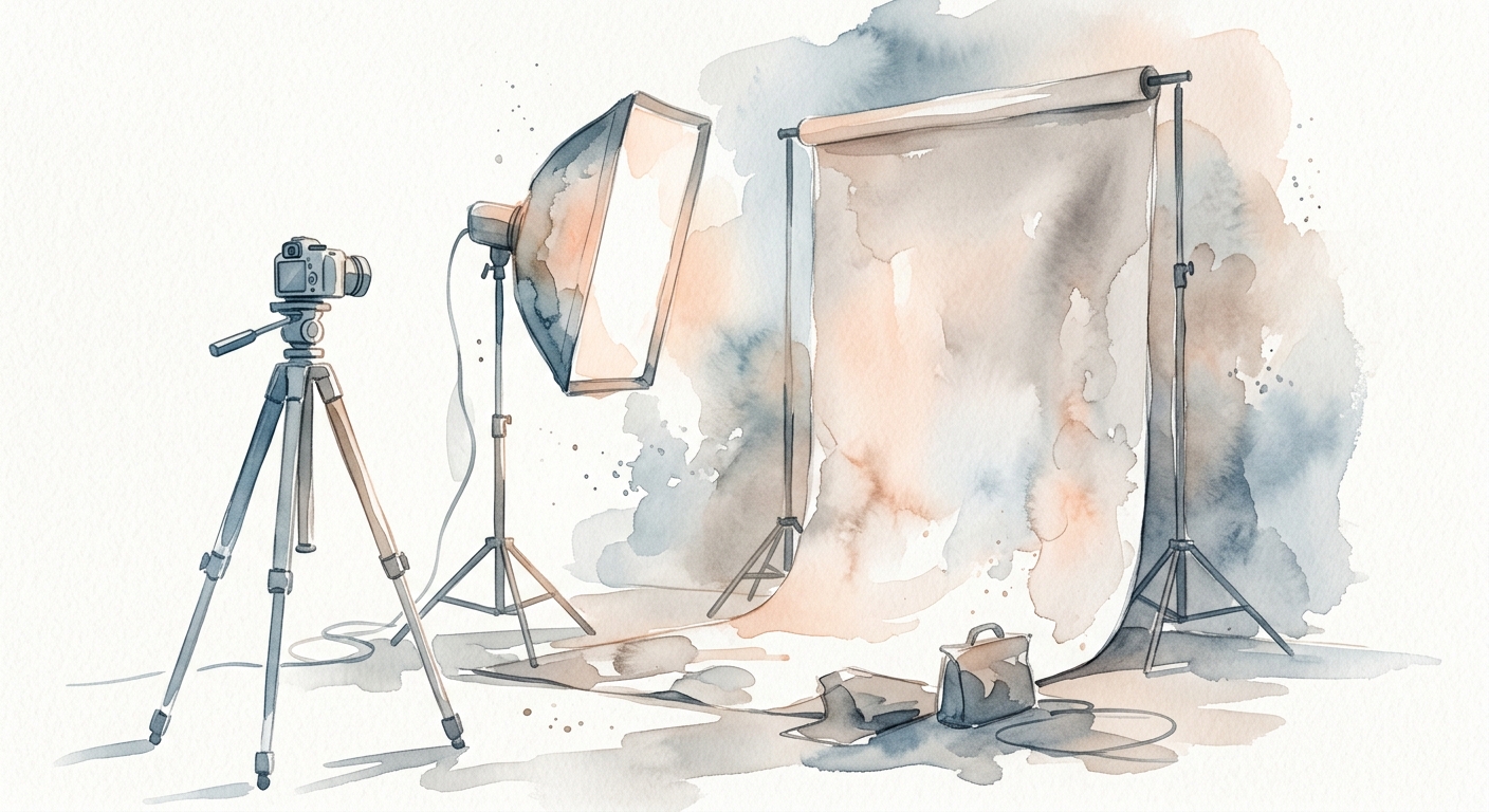 Helles Fotostudio mit Softbox und neutralem Hintergrund in sanften Pastelltönen