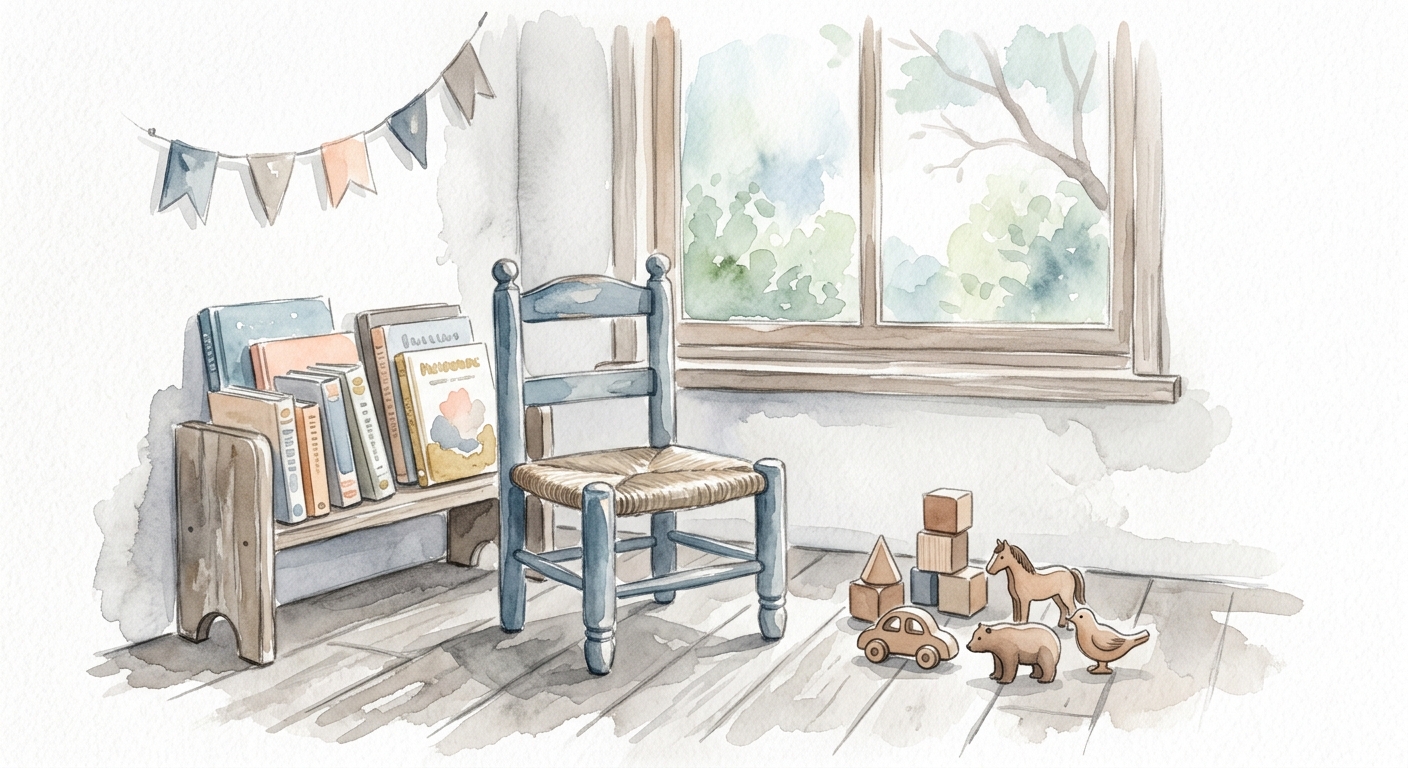 Illustrierter Blick in einen gemütlichen Kita-Raum mit Spielzeug und Büchern