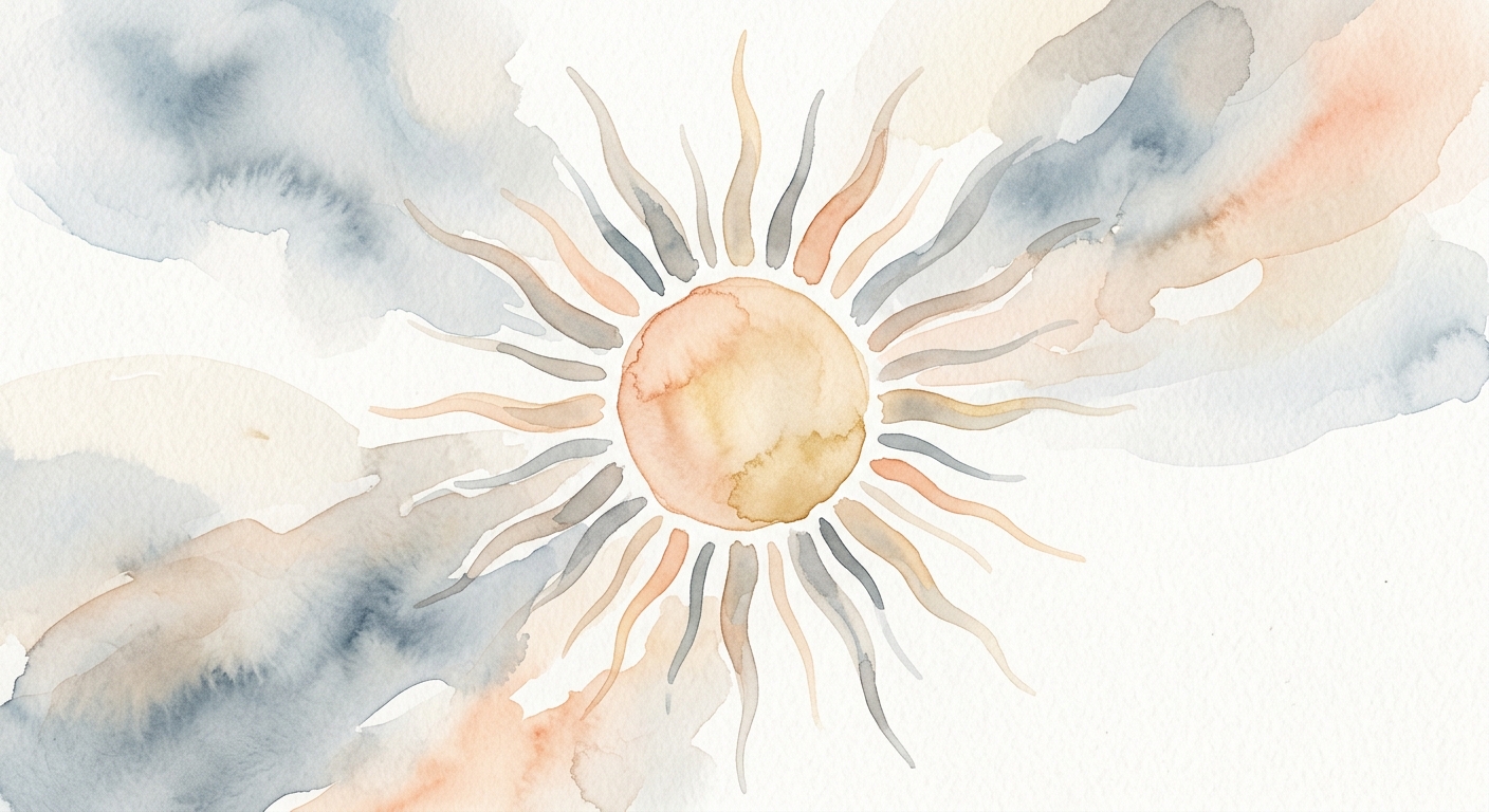 Aquarell einer warmen Sonne mit sanften Strahlen über einem abstrakten Hintergrund