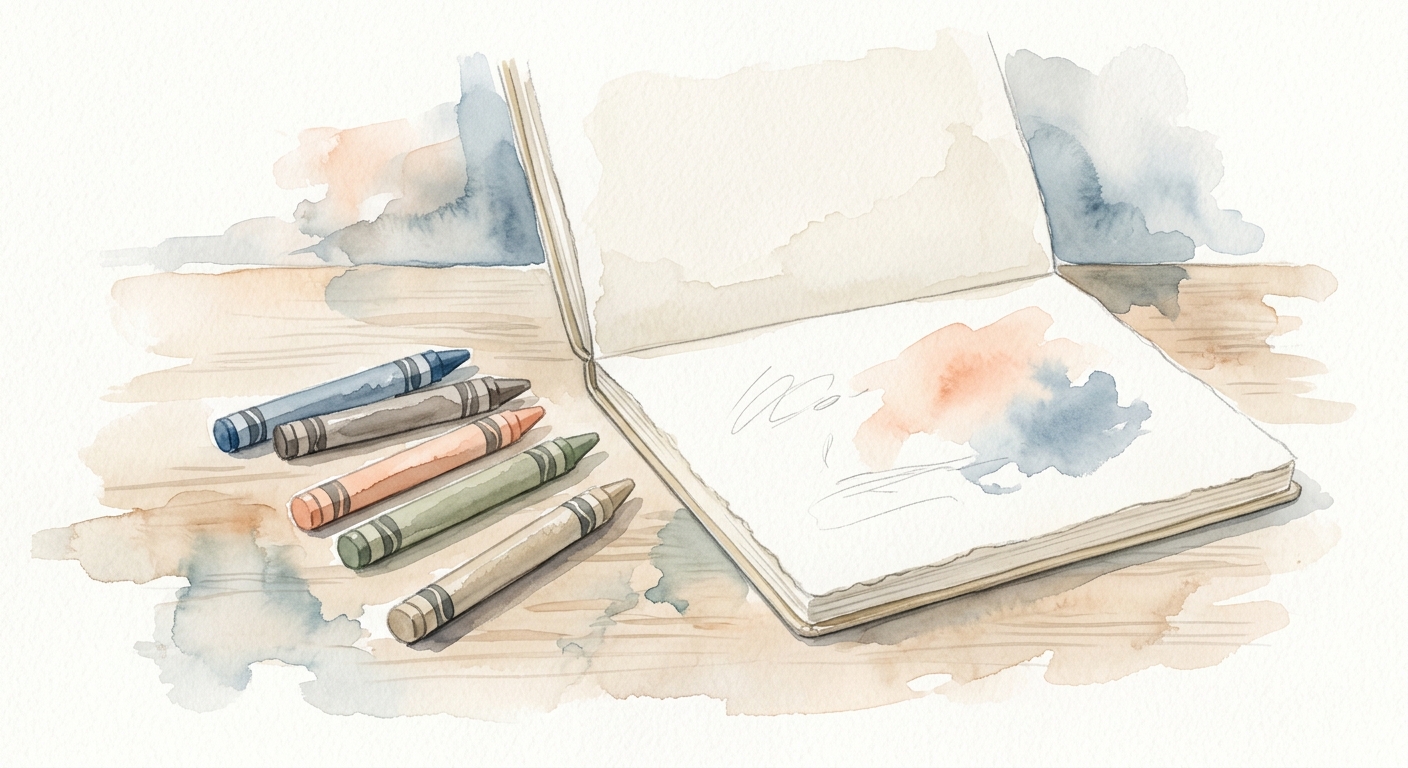 Aquarell mit bunten Buntstiften und einem Zeichenblock auf einem hellen Tisch