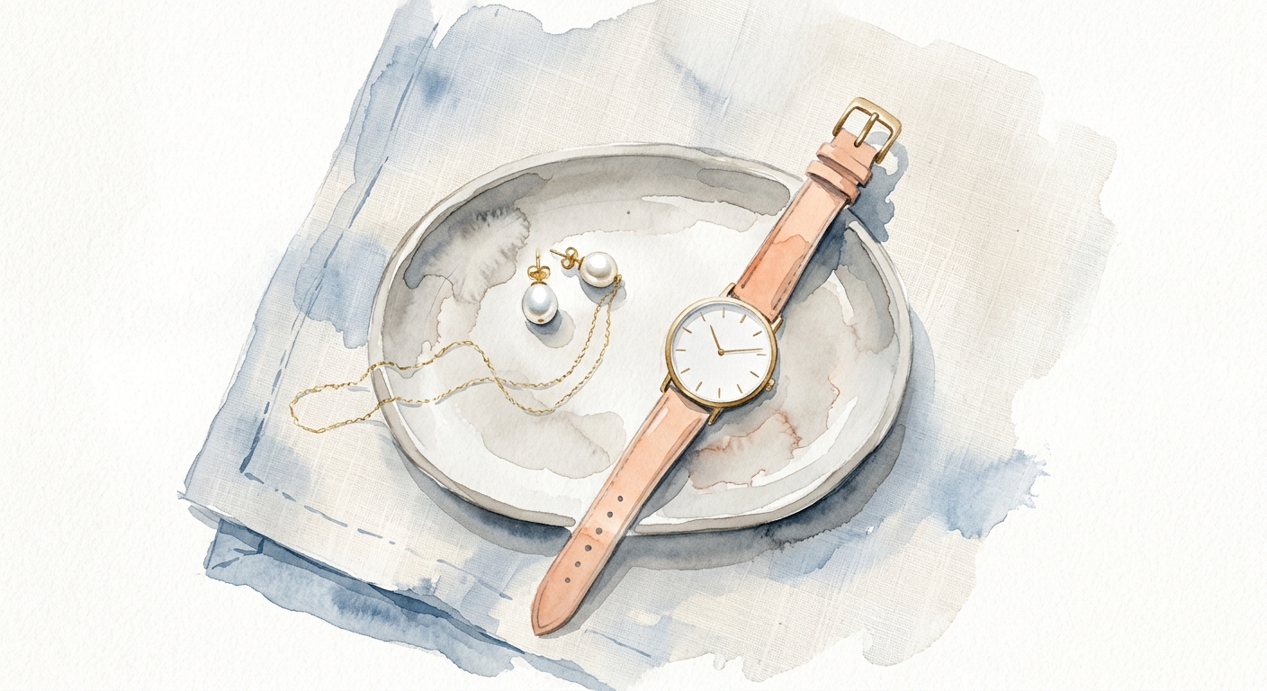 Aquarell-Illustration eines minimalistischen Accessoire-Tabletts mit Perlohrring und Uhr