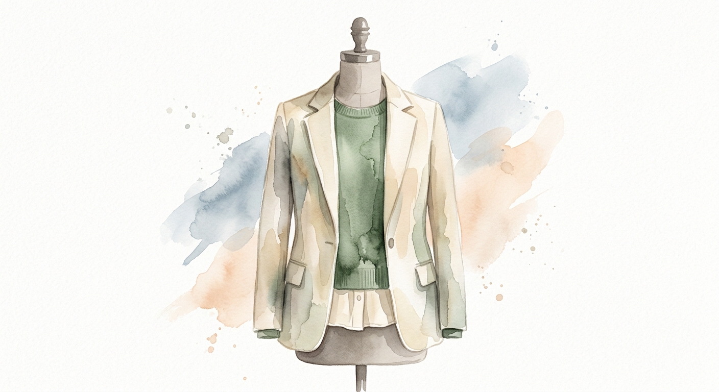 Aquarell einer Schneiderpuppe mit geschichtetem Business-Outfit in Creme- und Salbeitönen