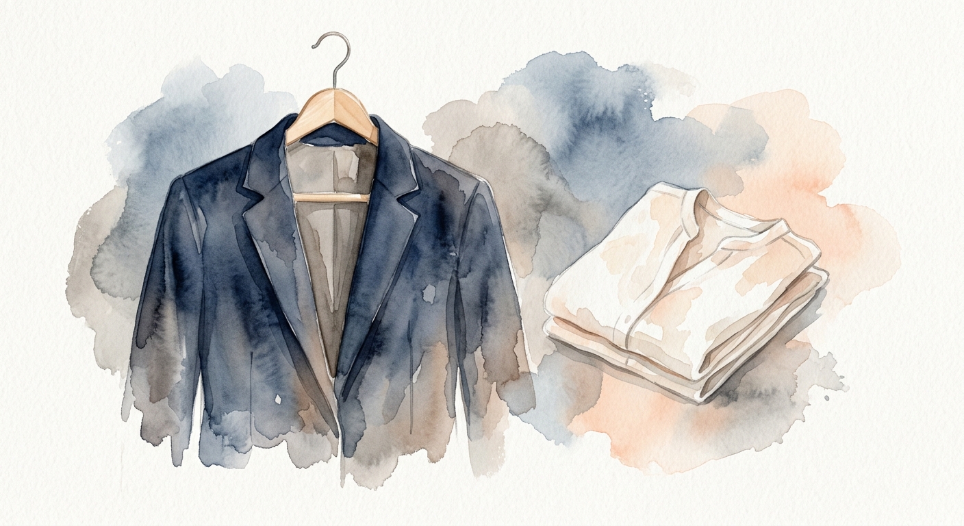 Aquarell-Illustration eines Blazers auf einem Holzkleiderbügel neben einer gefalteten Bluse