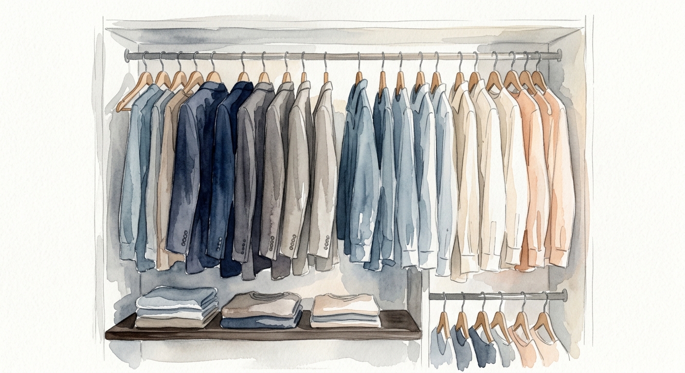 Aquarell-Illustration eines ordentlich sortierten Kleiderschranks mit Hemden und Blazern