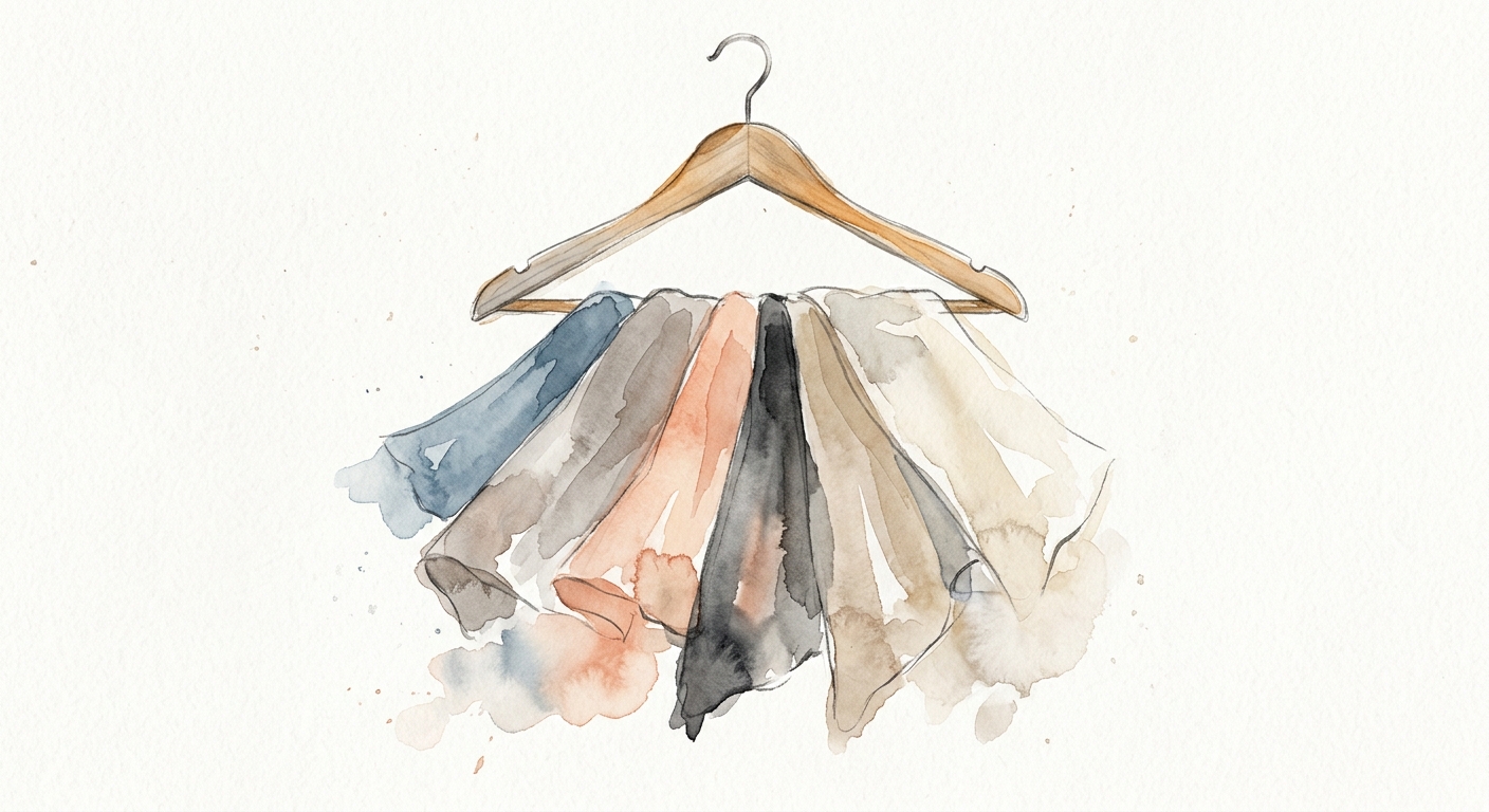 Aquarell-Illustration eines Kleiderbügels mit aufgefächerten Stoffproben in neutralen Tönen