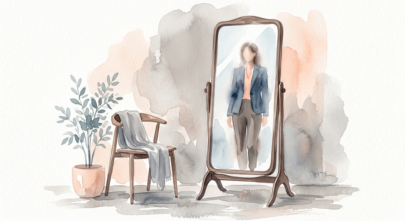 Aquarell-Szene eines Spiegels mit unscharfer Figur in Businesskleidung