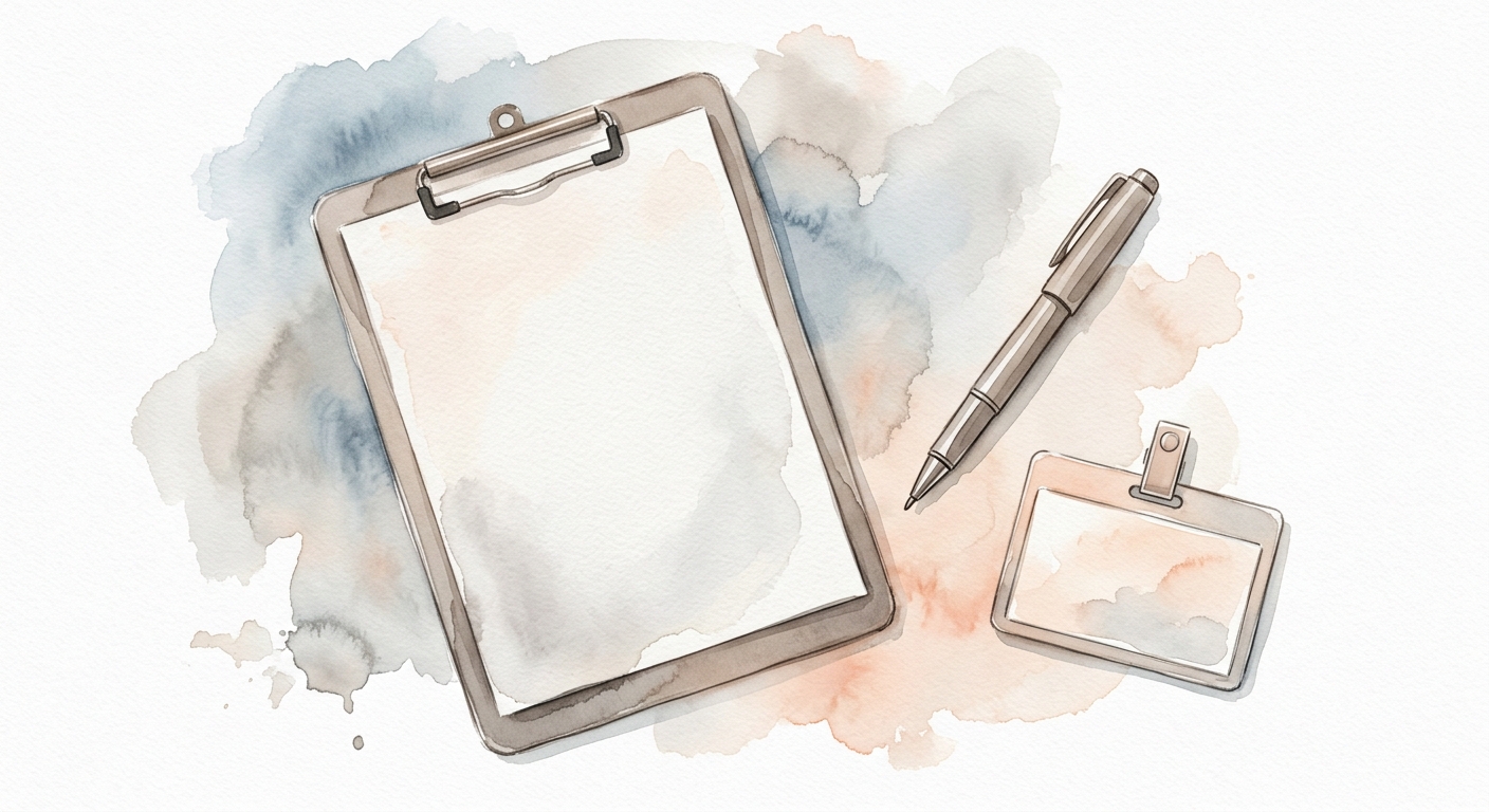Klemmbrett, Stift und Namensschild auf pastellfarbenem Hintergrund