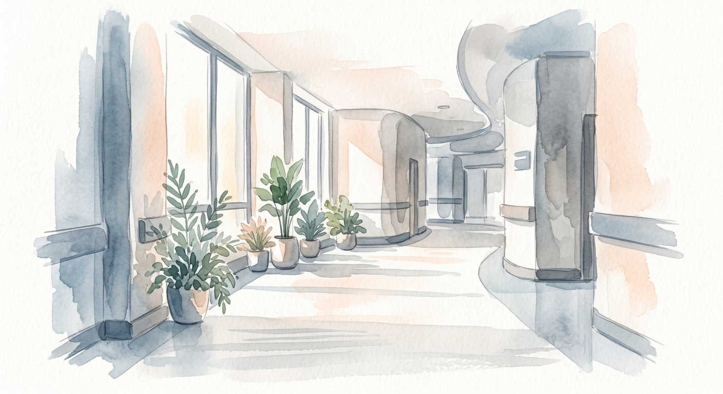 Heller Klinikflur mit Pflanzen und Tageslicht