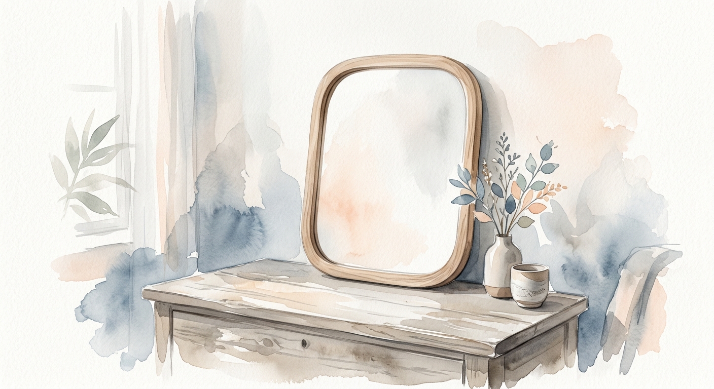 Spiegel auf einer Kommode im warmen Licht, Aquarellillustration