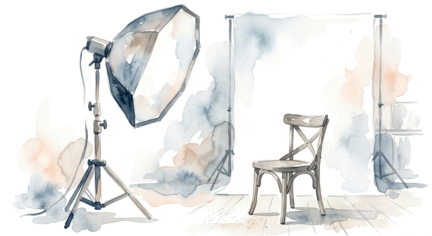 Studio-Setup mit Softbox und Diffusor, angewinkelt auf einen leeren Stuhl