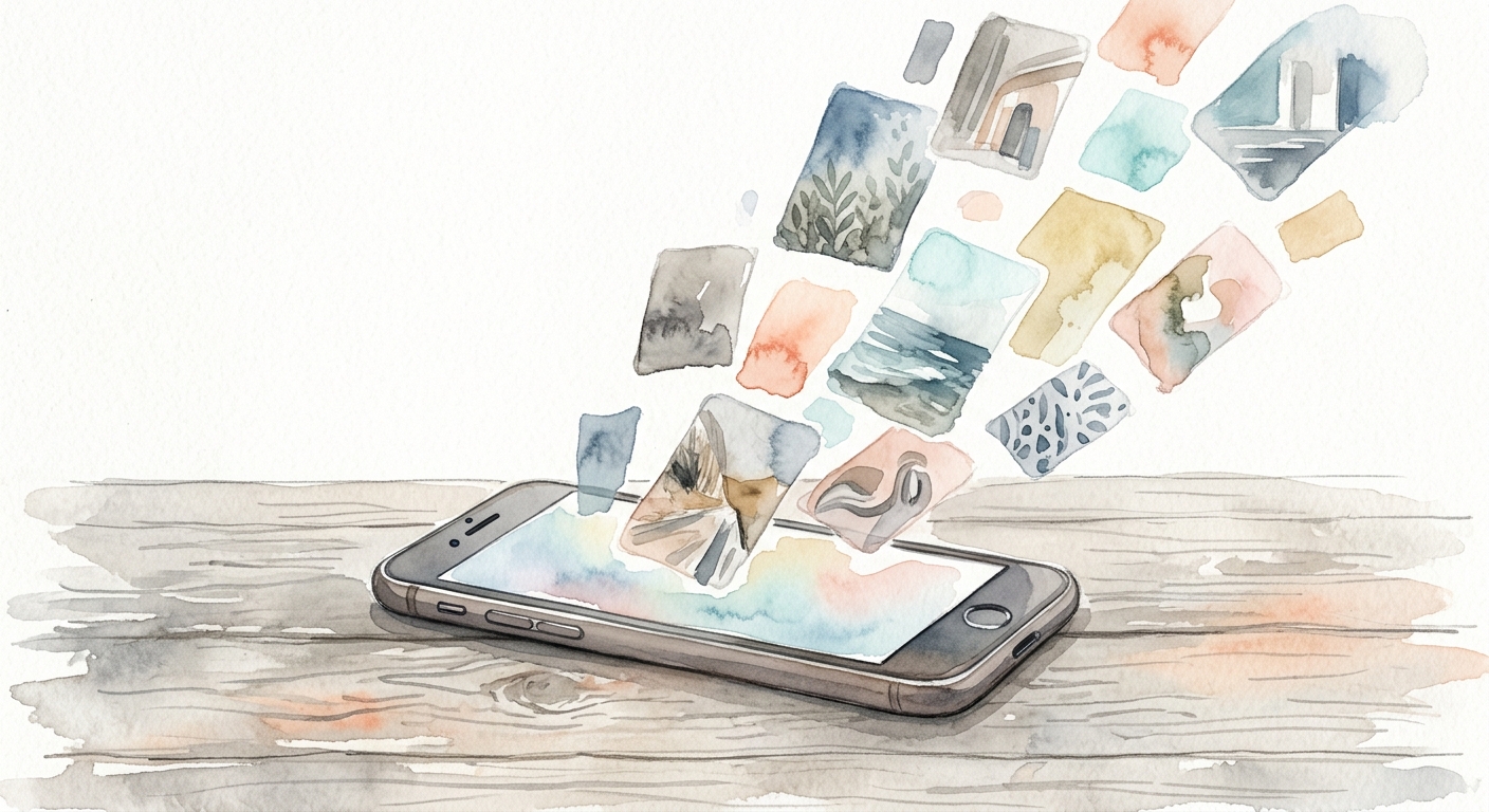 Aquarell-Skizze eines Smartphones auf einem Tisch mit Fotokacheln, die herausschweben — Symbol für spontane Bewerbungsfotos vom Handy