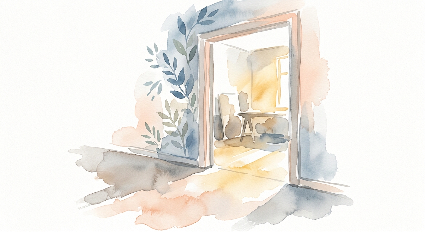 Aquarell einer geöffneten Studiotür mit warmem Licht — Symbol für den spontanen Zugang zu einem Bewerbungsfoto ohne Termin