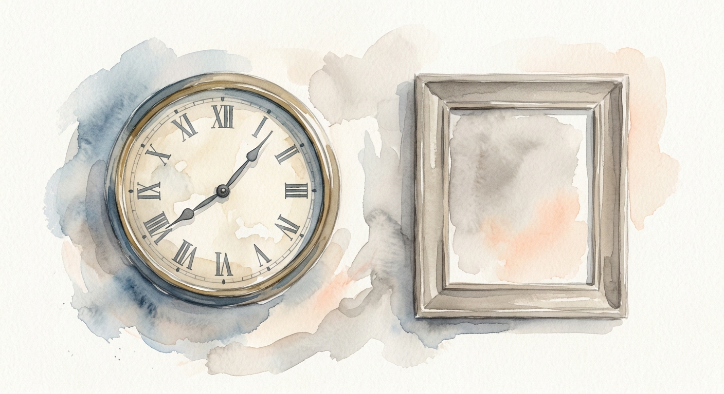 Aquarell-Illustration einer Wanduhr neben einem Fotorahmen, die zeigt, dass ein Bewerbungsfoto auch kurzfristig möglich ist