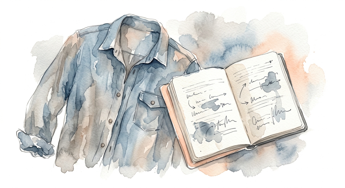 Einfaches Jeanshemd und Notizbuch auf neutralem Hintergrund im Aquarell-Stil