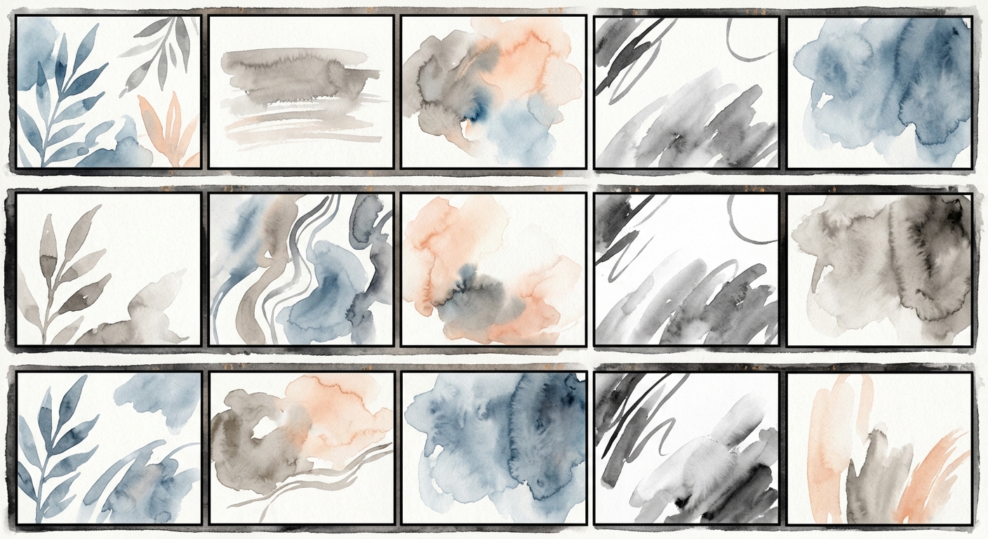 Aquarell einer Kontaktbogen-Fotostrecke mit abwechselnd farbigen und schwarzweißen Rechtecken