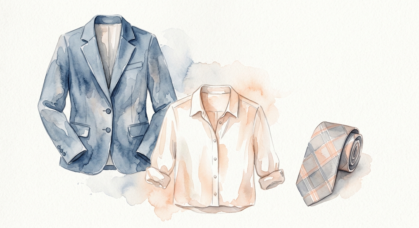 Professionelle Kleidungsstücke flach ausgelegt – Blazer, Bluse und Krawatte in gedeckten Businessfarben