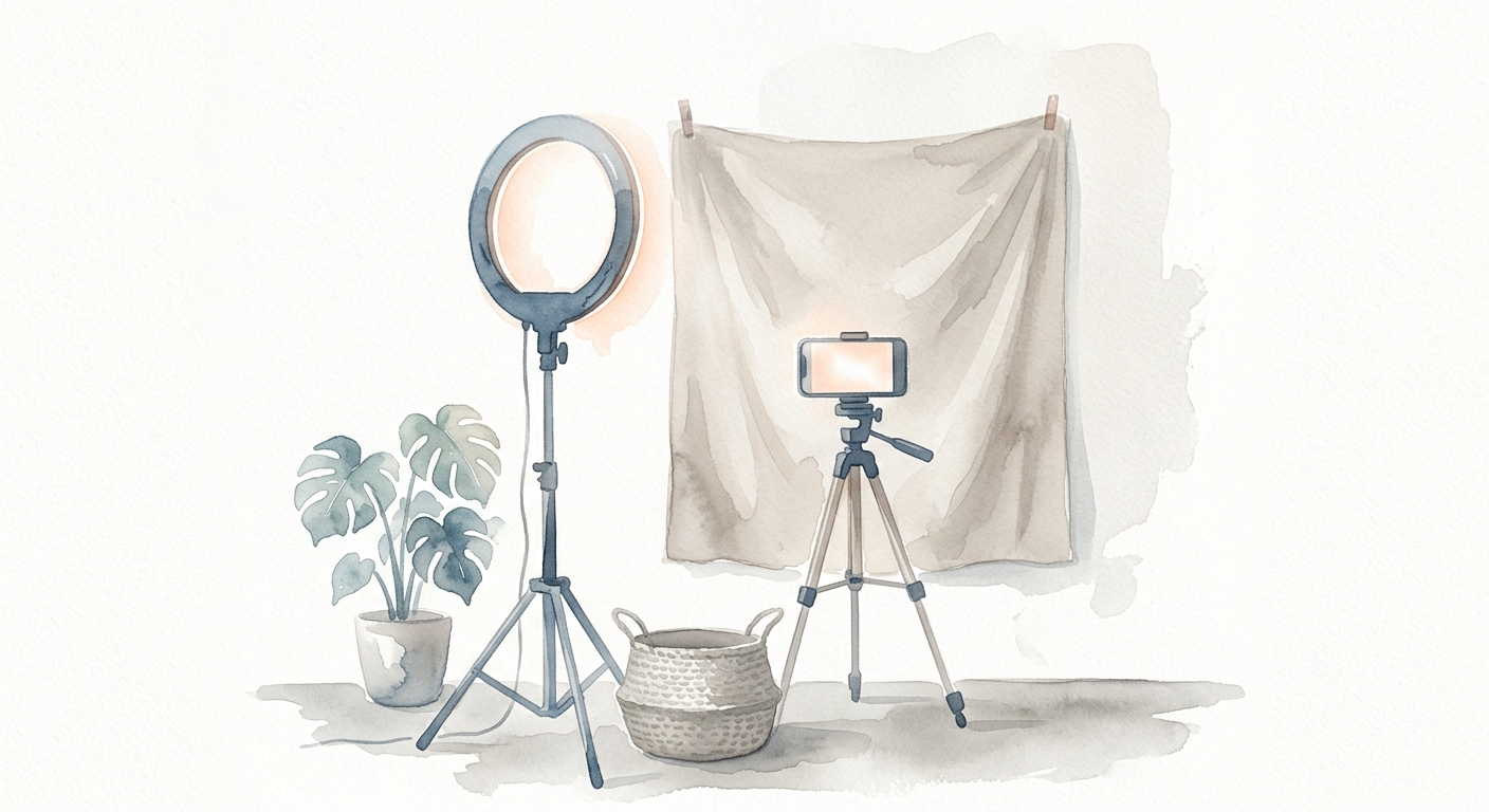 Minimalistisches Home-Fotografie-Setup mit Ringlicht, Stativ und neutralem Hintergrund