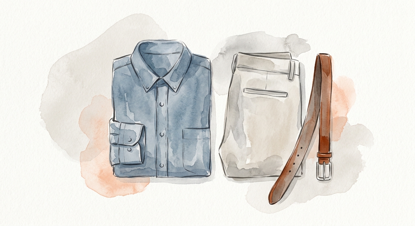 Chambray-Hemd, Chinos und Ledergürtel als Flatlay in gedeckten Tönen