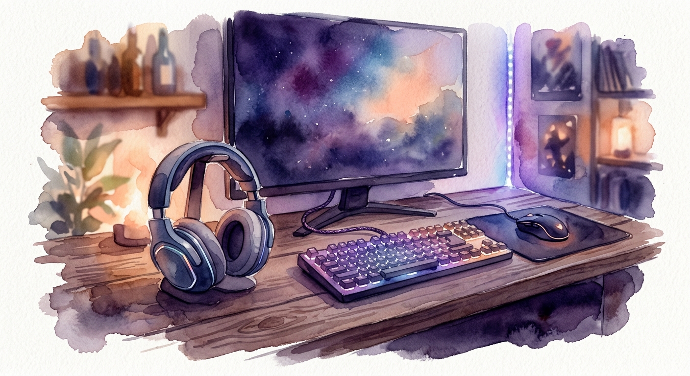 Gemuetliches Gaming-Setup mit RGB-Beleuchtung, Kopfhoerer und mechanischer Tastatur