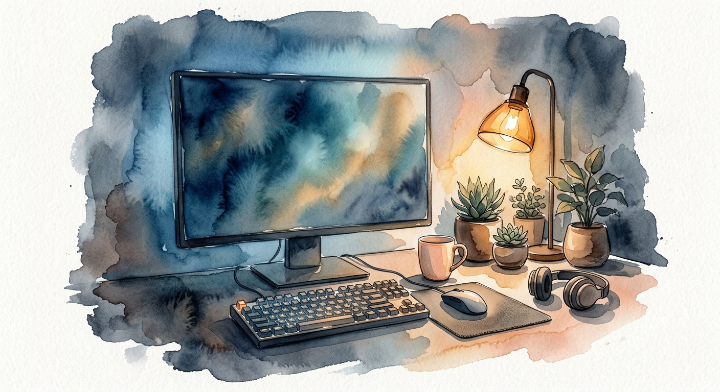 Gamer-Schreibtisch bei Nacht mit leuchtendem Monitor und warmer Tischlampe