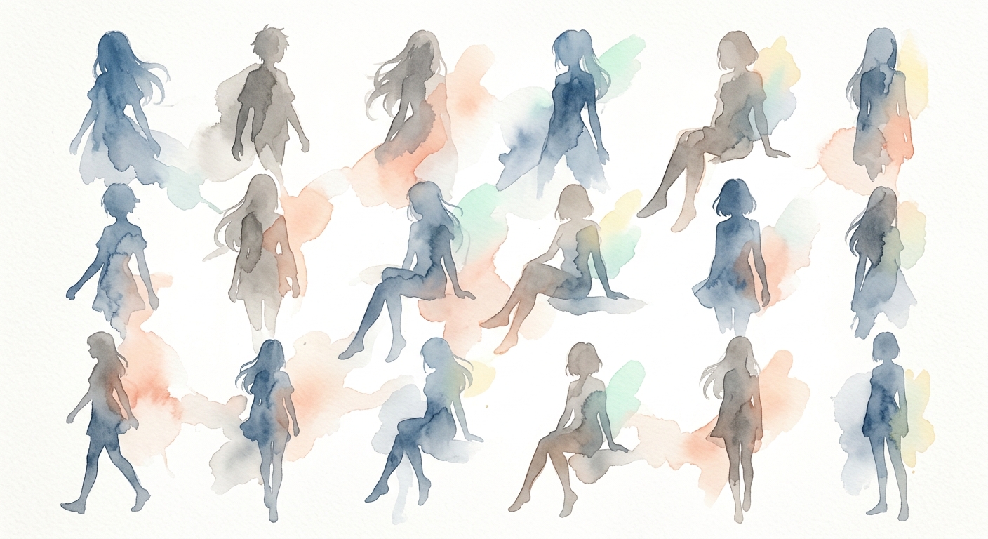 Bunte Anime-Silhouetten in einem Raster angeordnet