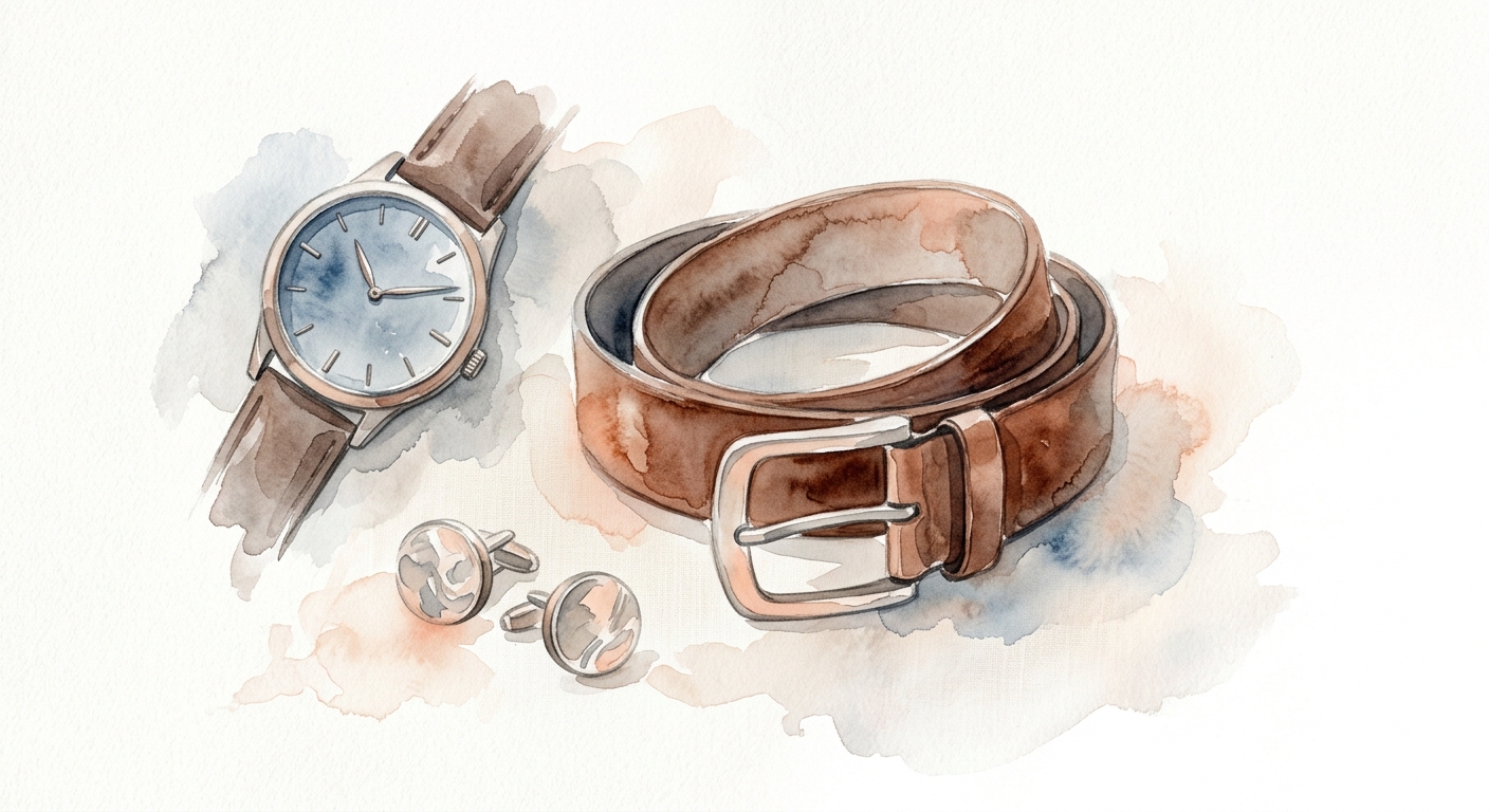 Herrenuhr, Ledergürtel und Manschettenknoepfe als Flatlay