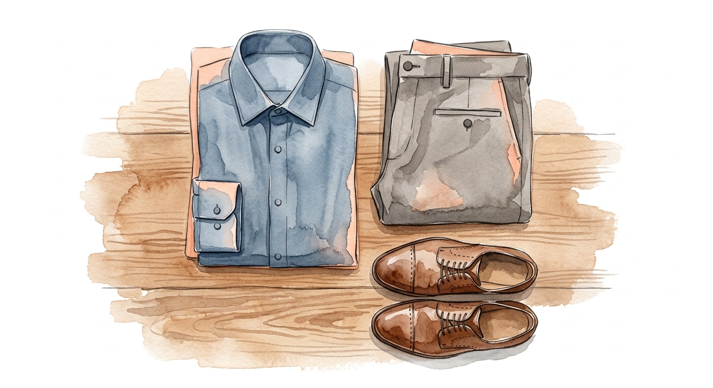 Gefaltetes Hemd, Chino und Lederschuhe auf Holzuntergrund
