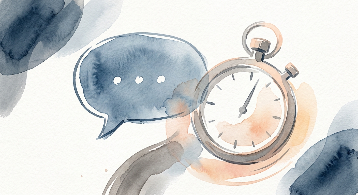 Aquarell-Illustration einer Sprechblase mit Stoppuhr in Pastellfarben