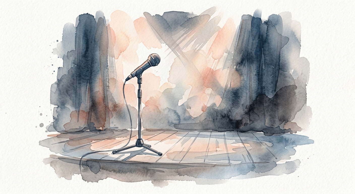 Aquarell-Bühne mit Mikrofon und weichen Spotlights