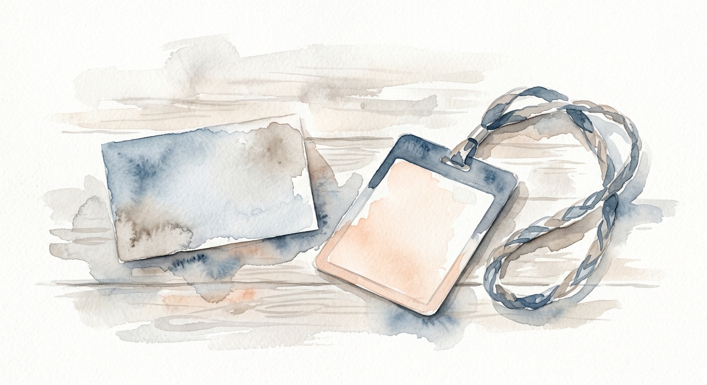 Aquarell-Illustration einer Visitenkarte und eines Namensschilds auf einem Tisch