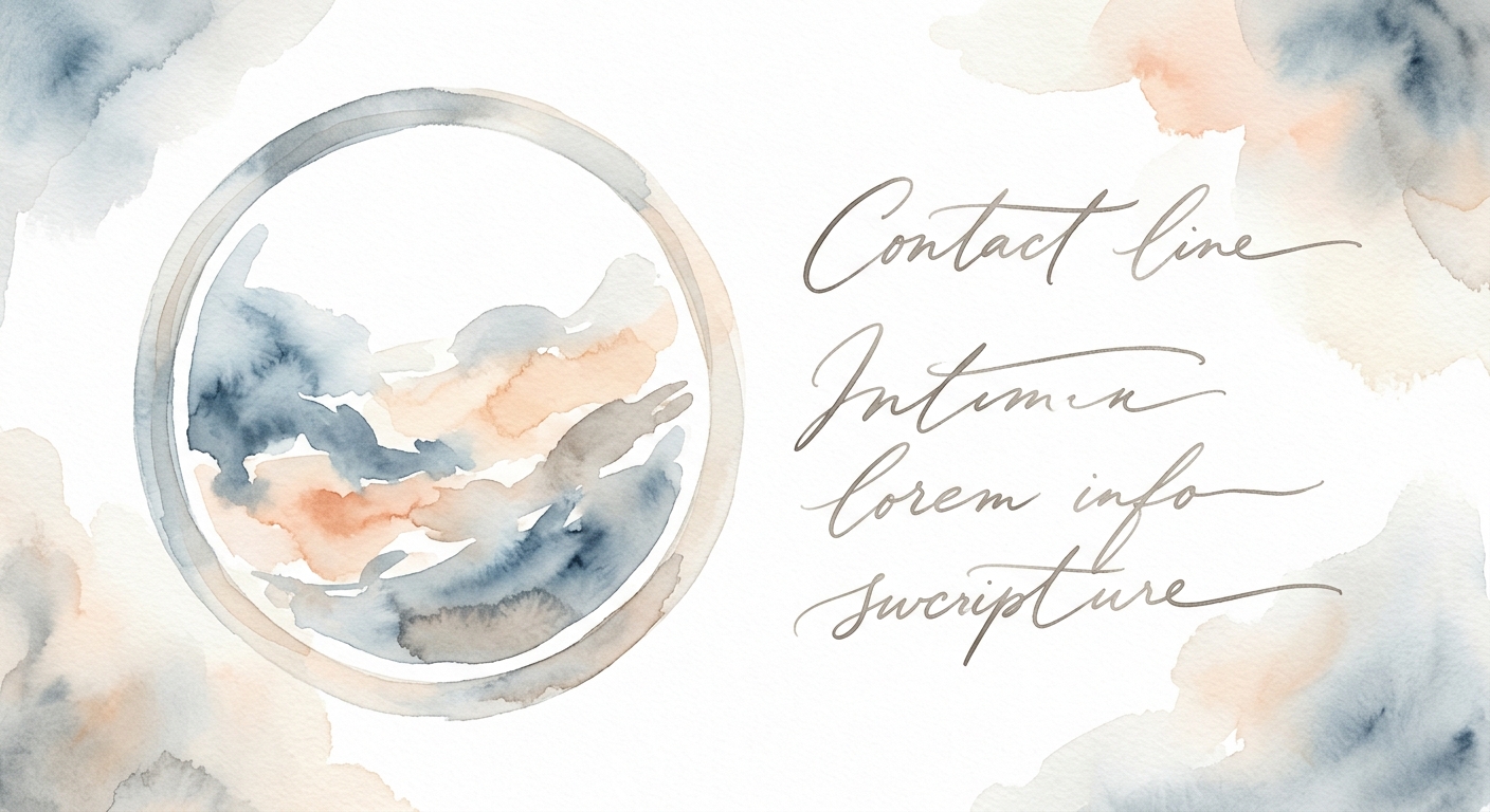 Aquarell-Illustration eines runden Fotorahmens neben handschriftlichen Kontaktzeilen