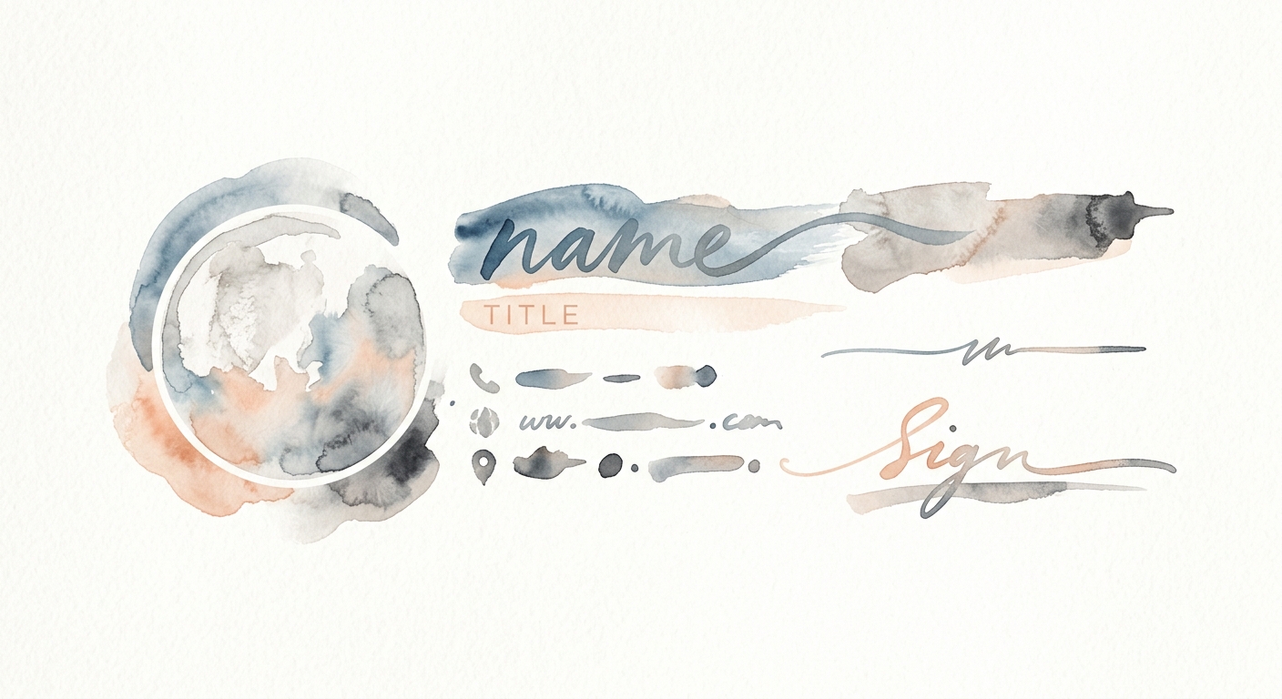 Aquarell-Illustration eines abstrakten E-Mail-Signaturblocks mit rundem Foto-Platzhalter