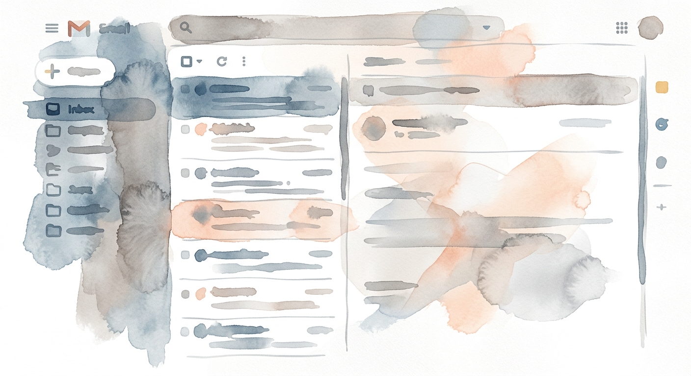 Aquarell-Skizze einer geöffneten Posteingangs-Oberfläche in weichen Pastelltönen