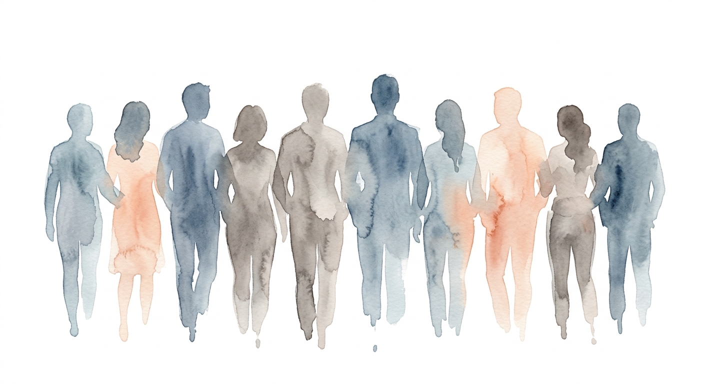 Aquarell-Illustration stilisierter Silhouetten einer Gruppe ohne Gesichtszüge