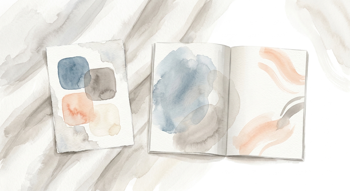 Aquarell-Illustration einer Farbpalette und eines schlichten Styleguide-Heftes
