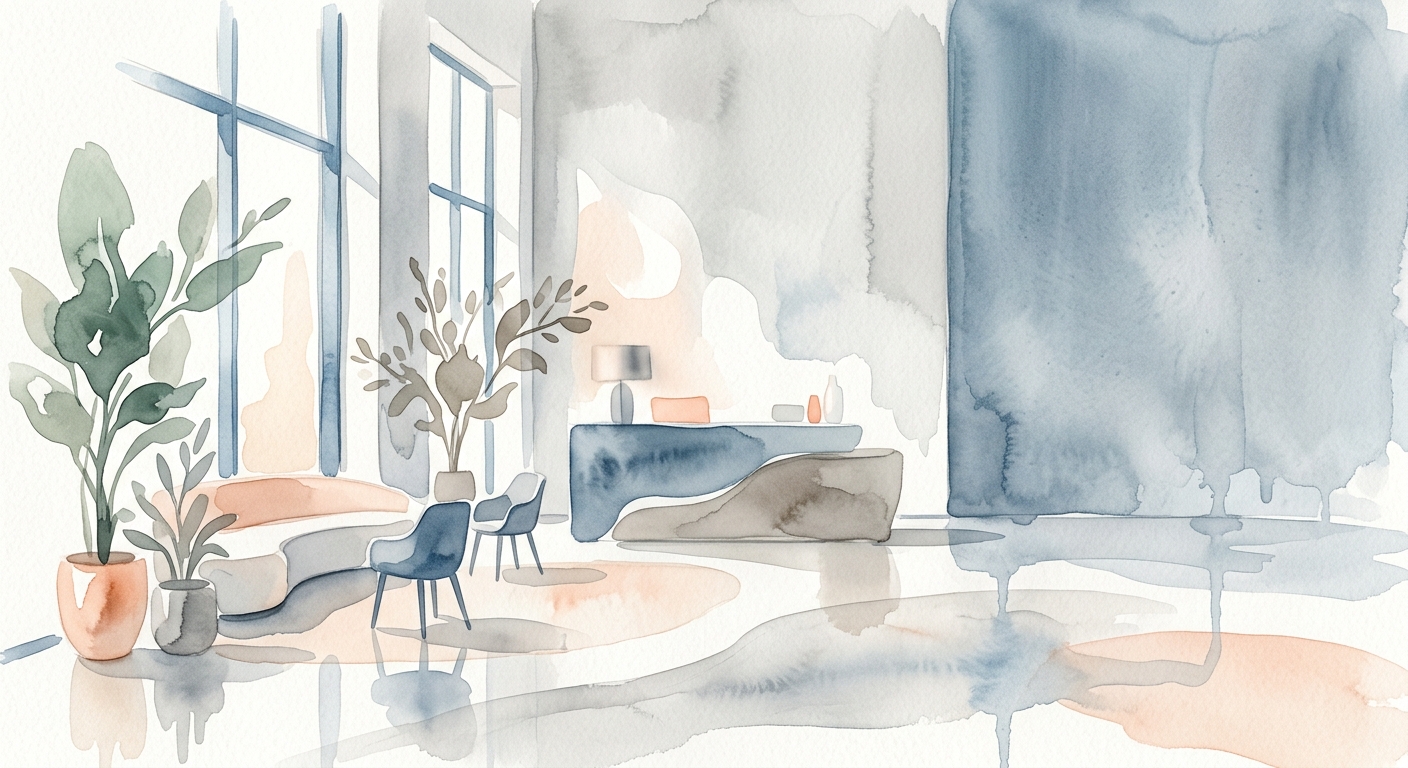 Aquarell-Illustration eines modernen Bürofoyers mit weichem Licht